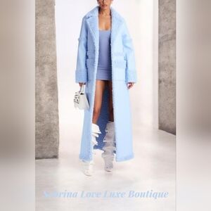Light Blue Faux Leather Faux Shearling Trim/Lined Women's Maxi Coat